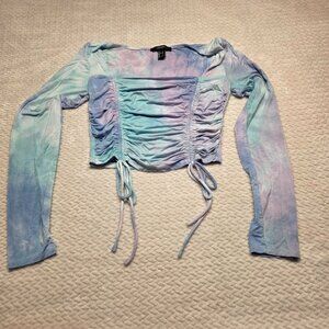Juniors Forever 21 Tie-Dye Crop-Top Ruched Bodice with Adjustable Drawstrings L